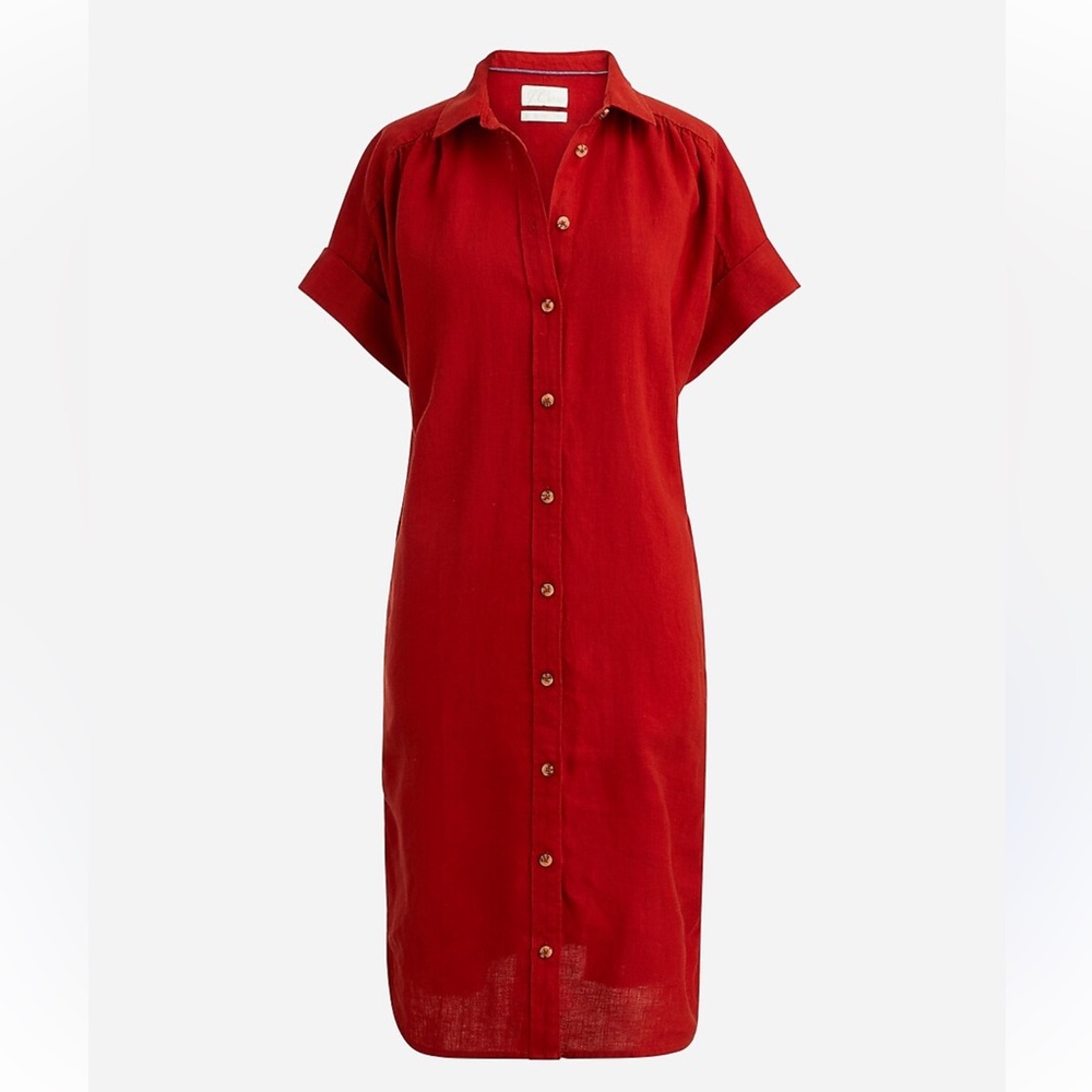 J Crew Burnt Orange/Red Button Front Relaxed Shirt Dress in Linen Size XXS